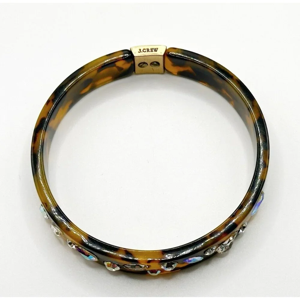 J. CREW FAUX TORTOISE SHELL BANGLE BRACELET WITH AURORA BOREALIS & CLEAR STONES‎ - Picture 2 of 3
